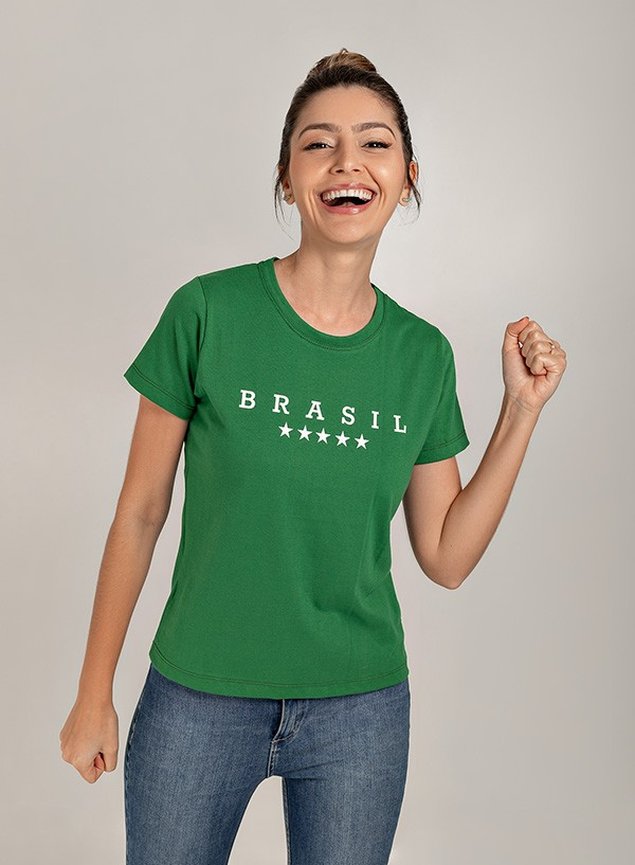 Camiseta Feminina Brasil Estrela Verde Uzzy Algodão