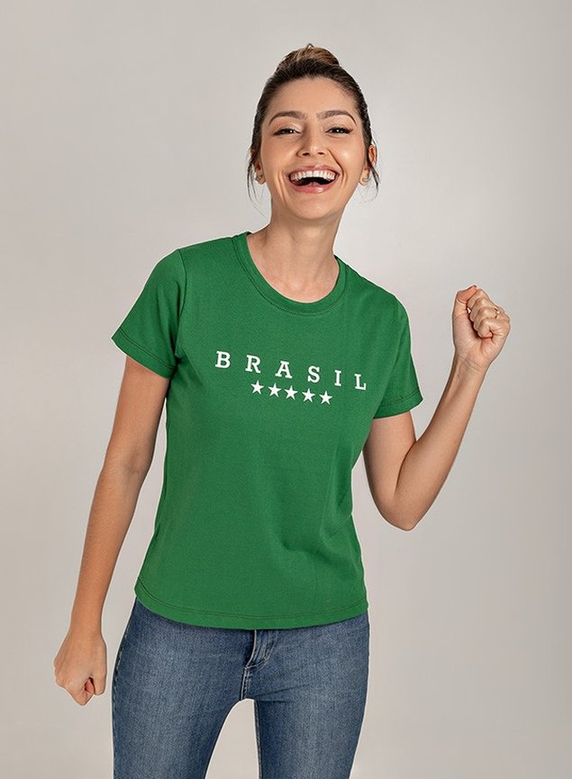 Camiseta Feminina T-Shirt Verde Escuro com Strass Estampa Bolsa Verde Luxo