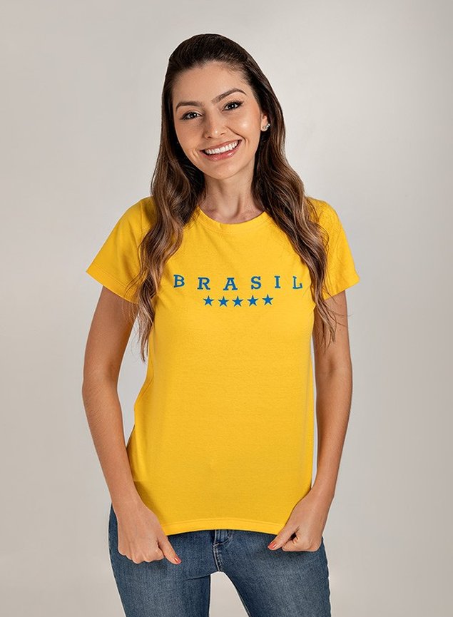 Camiseta Feminina Brasil Stars Amarela Uzzy Algodão